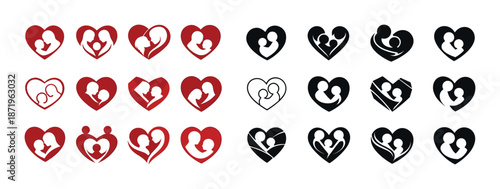 Collection of heart-shaped family and couple icons in red and black
