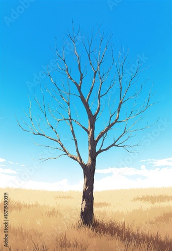 Wallpaper Mural Minimalist anime illustration of a lone tree in the fields, its bare limbs outstretched towards a brilliant blue sky Torontodigital.ca