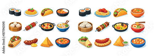 Array of diverse international dishes including sushi, tacos, dumplings, and curry