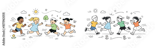 Happy diverse children running outdoors in nature illustration