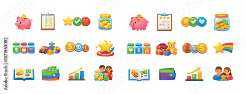 Colorful collection of financial and family icons for planning and savings
