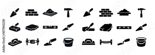 Construction tool icons set with trowels, bricks, hammer, level, and more