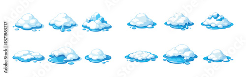 Set of 12 cartoon melting snow piles on white background