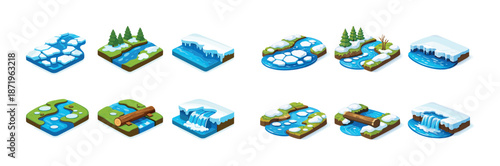 Set of winter and spring isometric 3d nature icons with rivers and trees