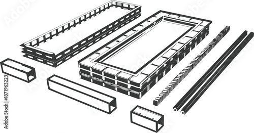 Disassembled metal frame components on black background