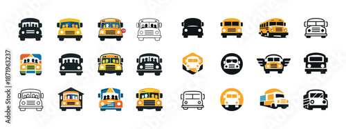 Diverse school bus icon set in various styles and colors