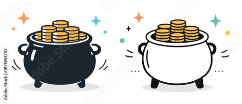 Cartoon cauldrons filled with gold coins on white background