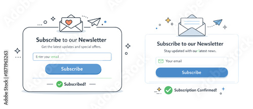 Newsletter subscription confirmation interface with email input and checkmark icons
