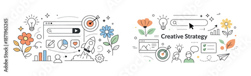 Creative strategy concept with target, rocket, and analytics elements