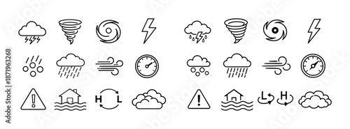 Weather icons set: storm, tornado, lightning, rain, wind, clouds, warning