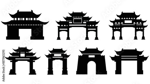 A set of black silhouette icons depicting traditional Chinese gateways and archways for Chinese New Year, arranged on a clean white background.