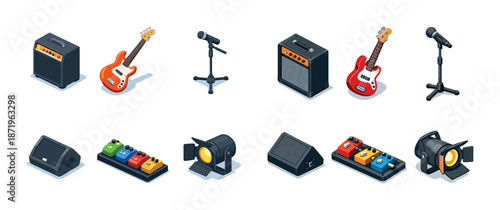 Isometric musical instruments and equipment set with guitars and amplifiers