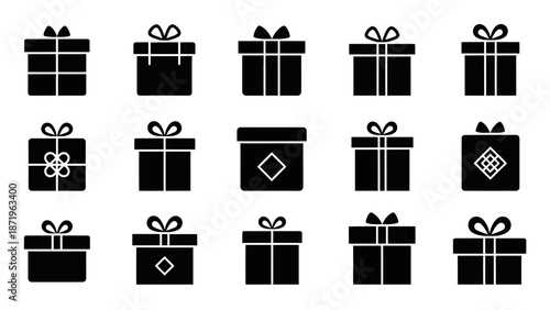 Black silhouettes of gift boxes with various ribbon designs against a clean white background, representing Chinese New Year icons in a flat lay composition.