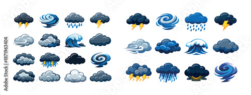 Colorful weather icons collection featuring storms, waves, clouds, and cyclones