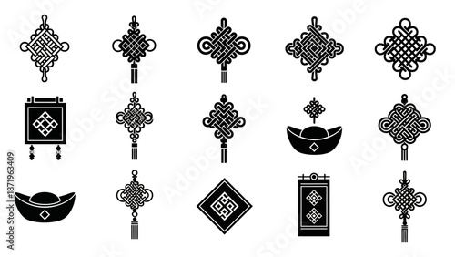 Black silhouette icons of Chinese New Year decorations on a white background with intricate designs and patterns.