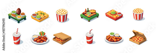 Assorted fast food icon set featuring snacks and beverages on white background