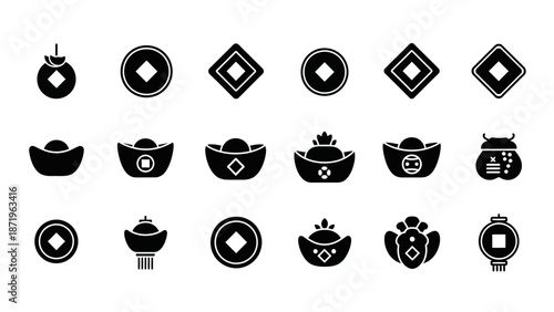 Black silhouettes of various Chinese New Year icons arranged in rows on a white background with a festive and celebratory mood.