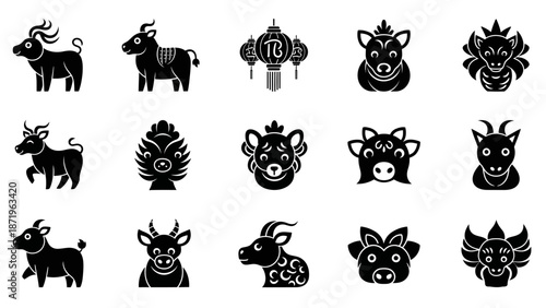 Black silhouettes of various Chinese New Year icons, including zodiac animals and decorative designs, arranged on a white background in a flat lay composition with a celebratory mood.