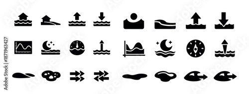 Set of 18 black silhouette river ocean tides and water level icons