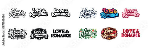 Diverse love and romance typography designs in various styles