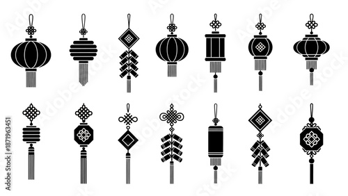 Flat lay of black silhouette Chinese New Year icons on a white background with various traditional designs.