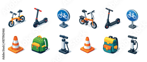 Bicycles, scooters, and accessories: urban transport icons collection