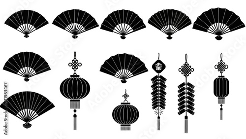 Collection of black silhouette Chinese New Year icons including fans and lanterns arranged on a white background with a festive and traditional mood.