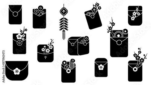 Black silhouettes of Chinese New Year icons, including pouches and decorations, arranged on a white background with a festive and celebratory mood.