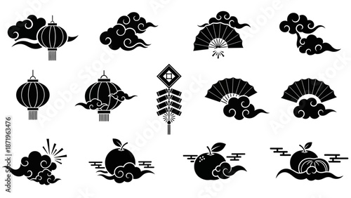 A collection of black silhouette icons featuring Chinese New Year symbols, including lanterns, fans, and other festive decorations, arranged on a white background in a flat lay composition