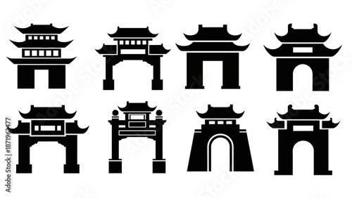 Collection of black silhouette icons depicting traditional Chinese gateways and archways for Chinese New Year, arranged on a clean white background.