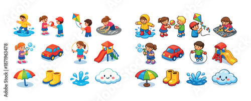 Children playing with toys: playful activities, fun outfits, and joyful expressions