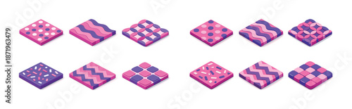 Colorful pink and purple geometric patterned square tiles on white background