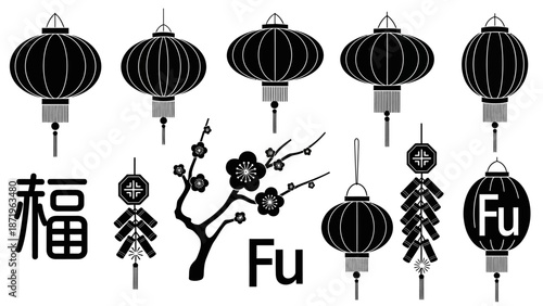 Black silhouettes of Chinese New Year icons, including lanterns and 'Fu' characters, arranged on a white background with a festive and celebratory mood.