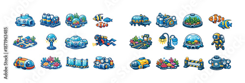 Colorful cartoon underwater base with sea creatures and futuristic elements