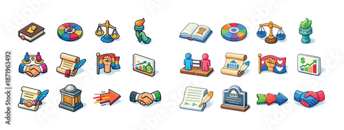 Colorful business icons set with scales, handshake, torch, contract, and graph elements