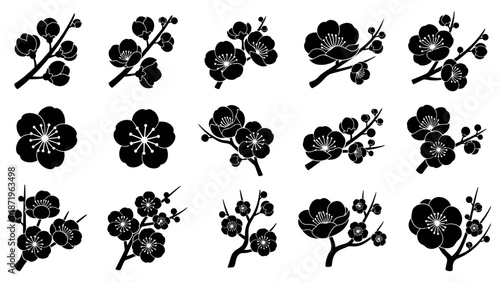 A collection of black silhouettes of Chinese New Year icons featuring flowers and blossoms arranged in rows on a white background.