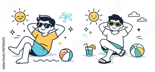 Two young boys relaxing in sun with sunglasses and beach ball