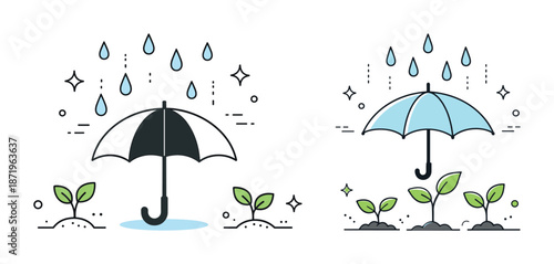 Black and blue umbrella protecting growing plants from rain