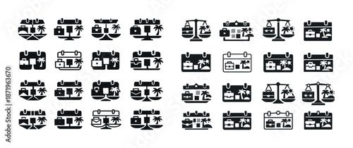 Set of vacation icons with calendars and palm trees