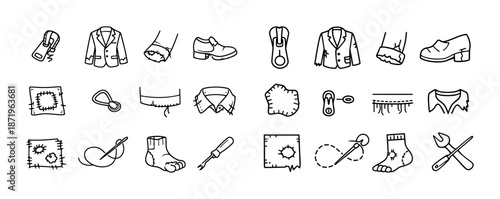 Hand-drawn clothing repair icons with tools and stitching elements