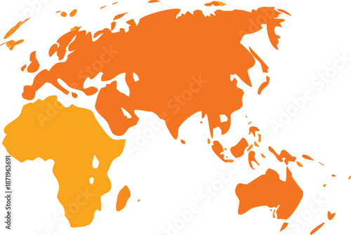 A world map illustrated with orange hues showcasing labeled geographical regions and continents