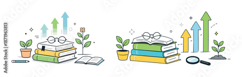 Growth and learning: books, plants, arrows, and magnifying glass illustration