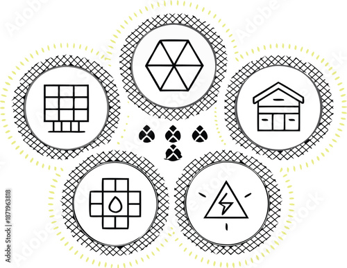 Modern technology design with glowing white hexagon and yellow dotted circles