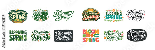 Colorful blooming spring logos with floral elements and elegant fonts