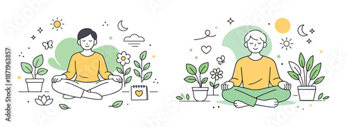 Young adults meditating outdoors with plants and nature elements