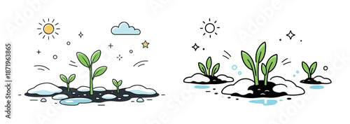 Illustration of young green plants growing in snow under bright sun