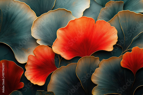 Abstract Ginkgo Leaves with Red and Gold Edges in Teal Background
