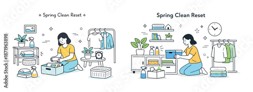 Young asian female organizing home for spring clean reset