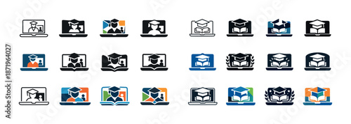 Set of multicolored online education icons featuring graduation caps and books
