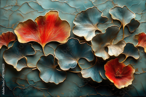 Digital Art Meets Traditional Style in Ginkgo Leaf Illustration with Golden Edges